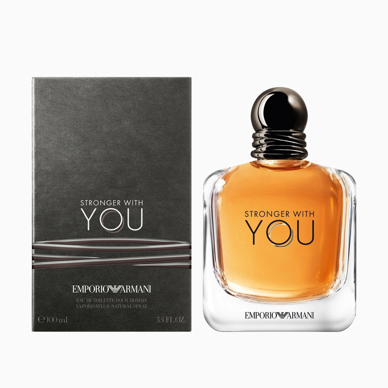 Emporio Armani Stronger With You 100mL Eau de Toilette bottle, a modern men's fragrance with notes of cardamom, pink pepper, sage, vanilla, and chestnut.