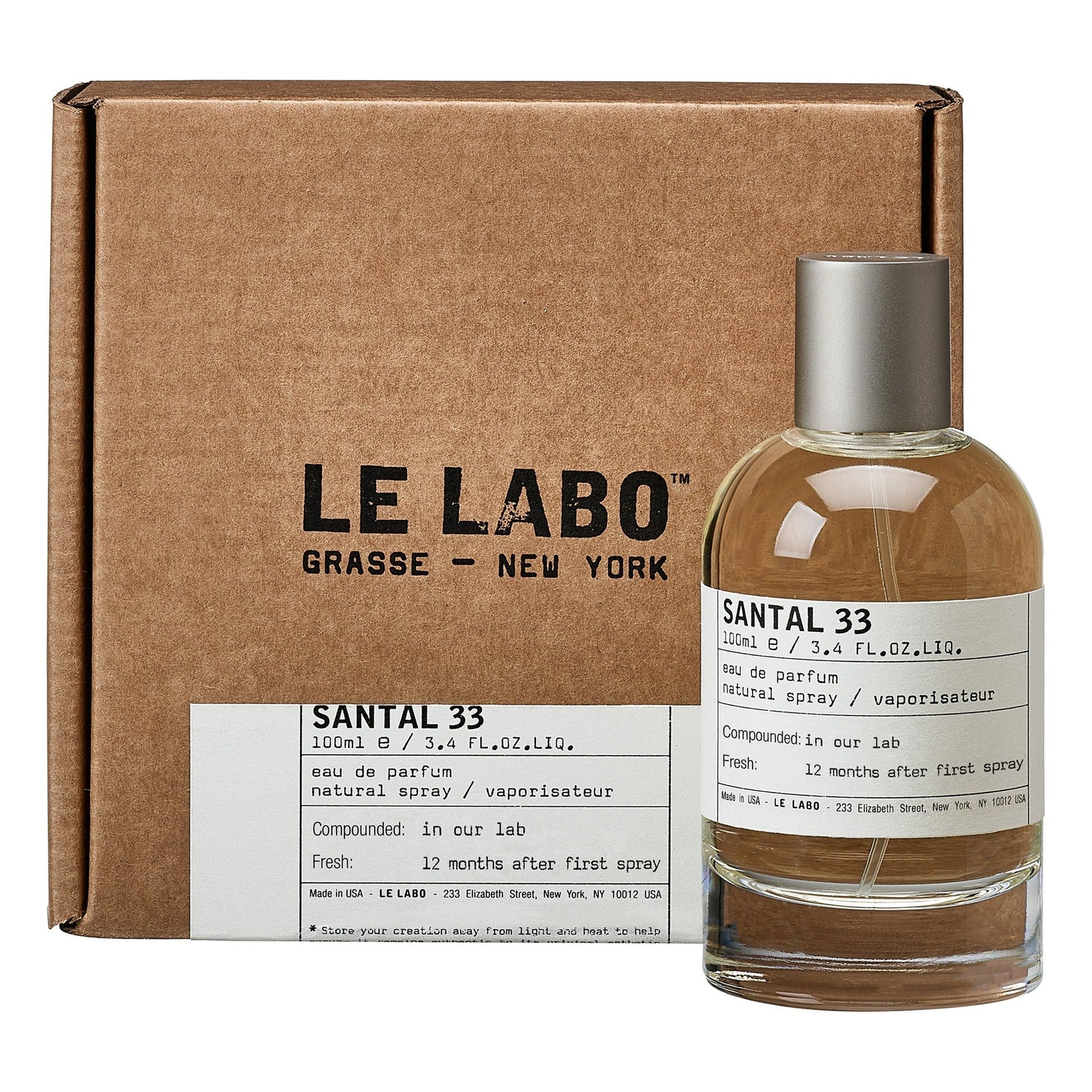 Santal 33 by Le Labo Eau de Parfum 100ml bottle, a unisex woody fragrance with notes of sandalwood, cardamom, iris, and violet for a bold, long-lasting scent.