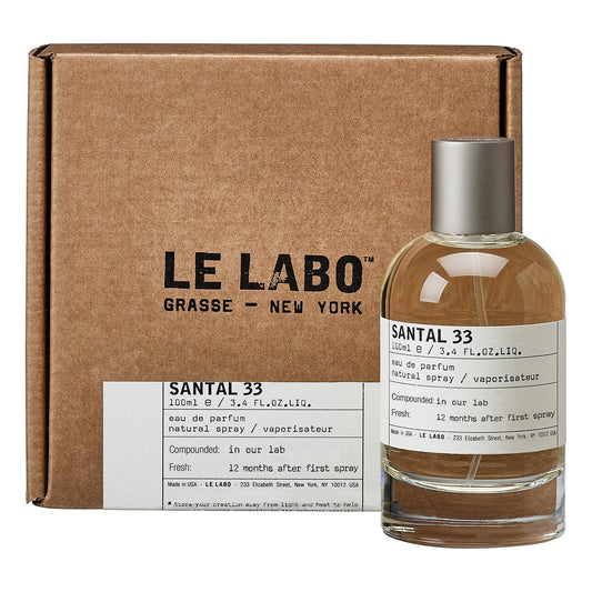 Santal 33 by Le Labo Eau de Parfum 100ml bottle, a unisex woody fragrance with notes of sandalwood, cardamom, iris, and violet for a bold, long-lasting scent.